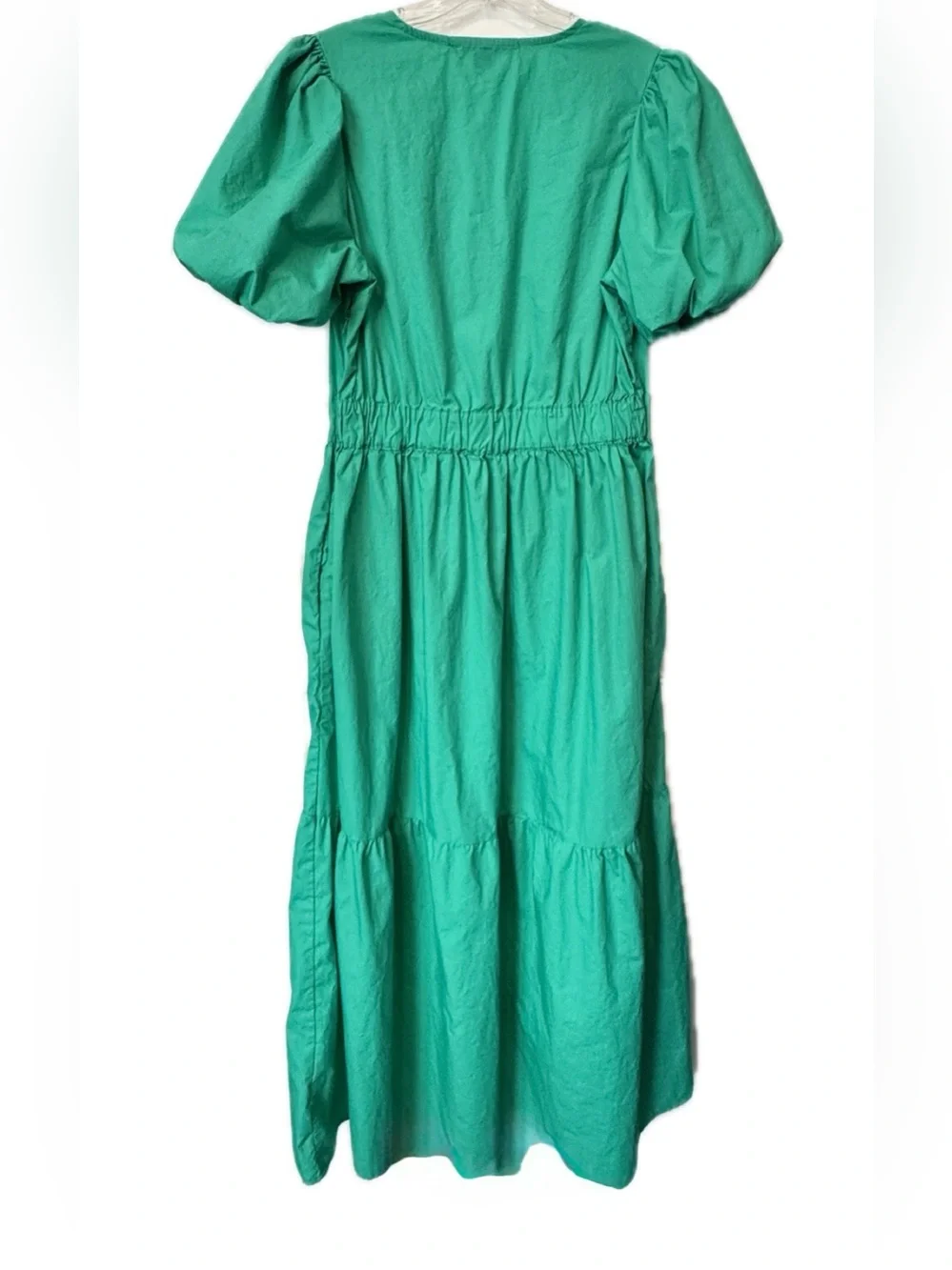 French Connection Green Cotton Puff Sleeve Tiered Midi Dress Size M
